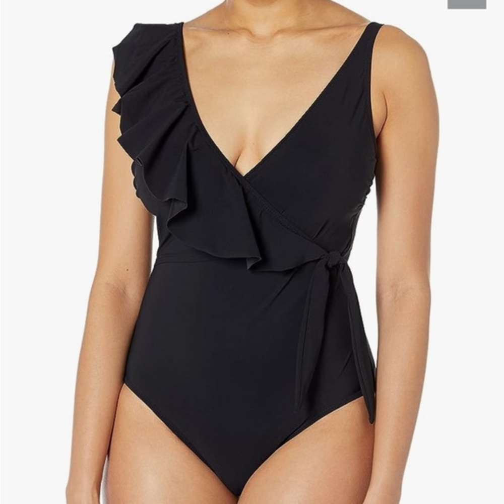Profile by Gottex‎ black ruffle wrap front one piece swimsuit size 12 NWT